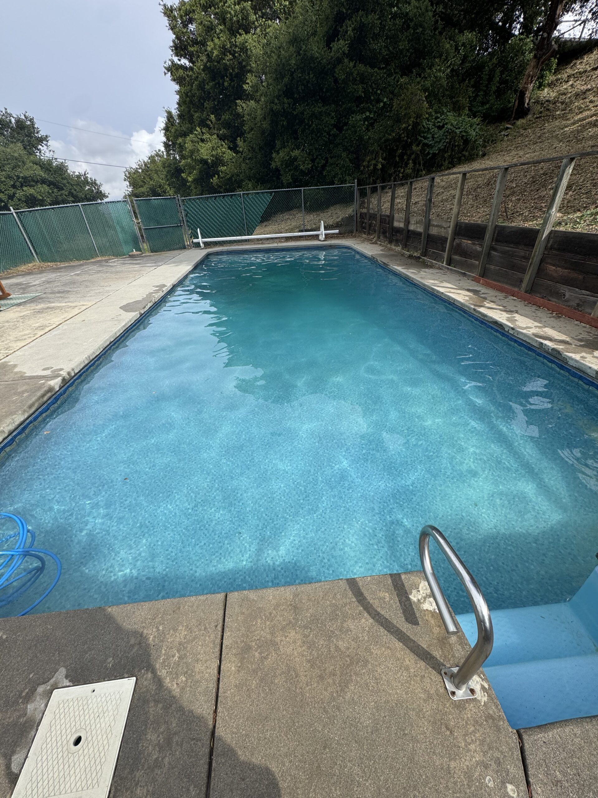 Rectangular backyard pool with a ladder and fenced yard