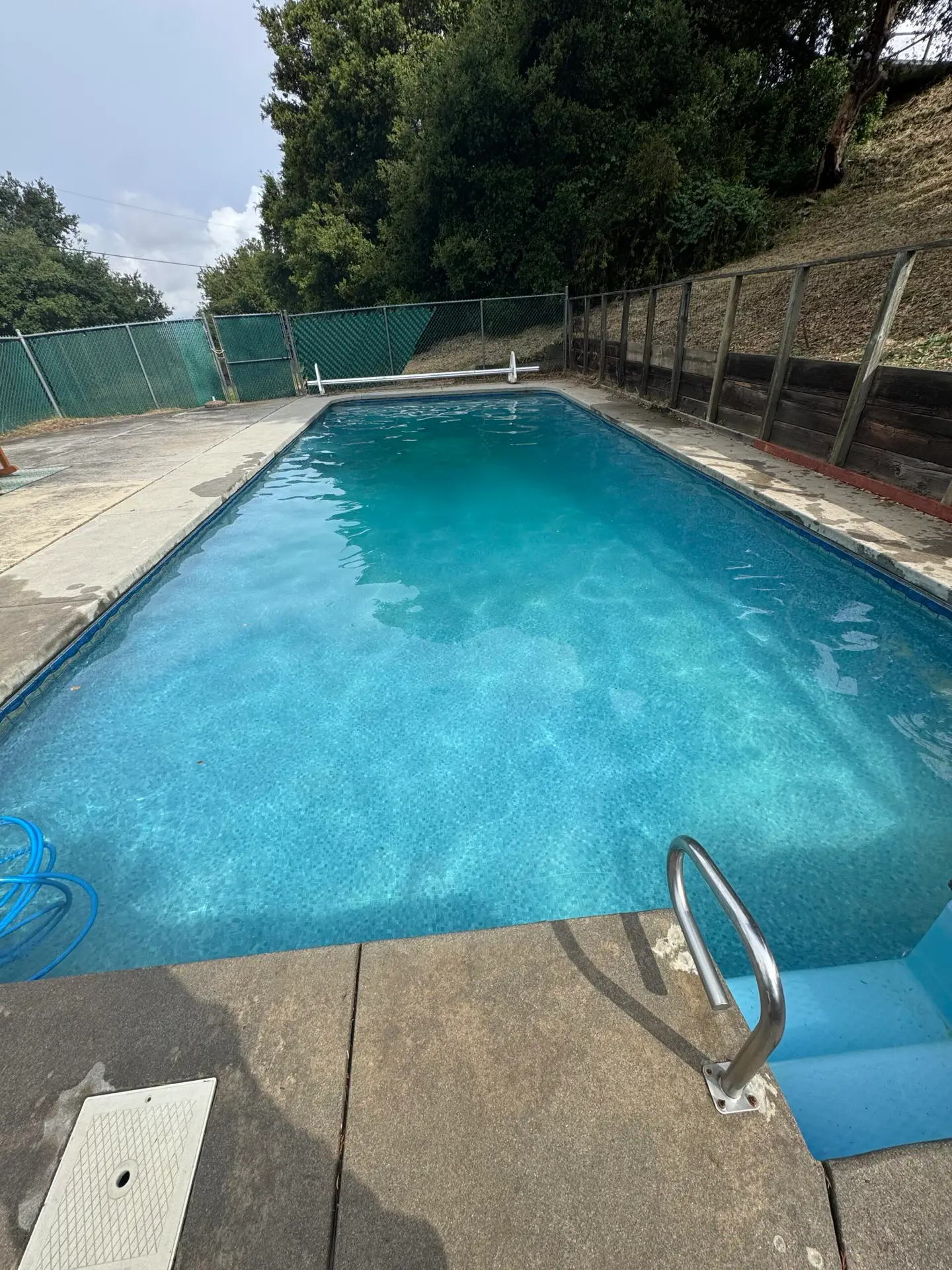 Rectangular backyard pool with a ladder and fenced yard