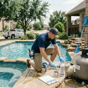Man kneeling at pool edge, pouring pool chemicals from bottles into a mixer near a stone waterfall feature.