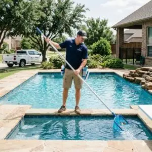 Pool service technician in a navy shirt and cap skims a backyard pool with a long net; service van in driveway behind.