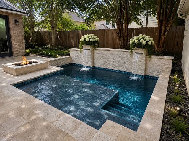 Pool plaster colors in a North Texas backyard pool with a light gray finish and bright blue water Pool plaster colors: a dark interior finish gives this backyard pool deep blue water