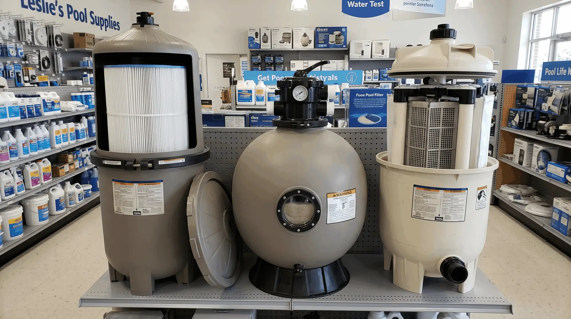 Sand vs cartridge filter vs DE filter tanks side by side on a North Texas pool equipment pad Sand vs cartridge filter vs DE: three pool filter tanks side by side