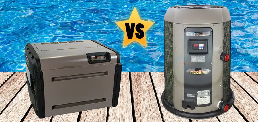 Types of pool heaters on a North Texas equipment pad a gas heater beside a heat pump Types of pool heaters: a gas pool heater next to a heat pump