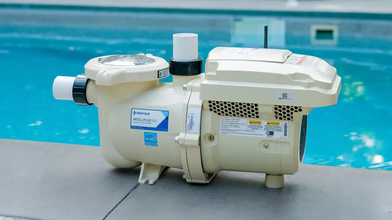 How long to run pool pump: a variable speed pool pump on the pool deck
