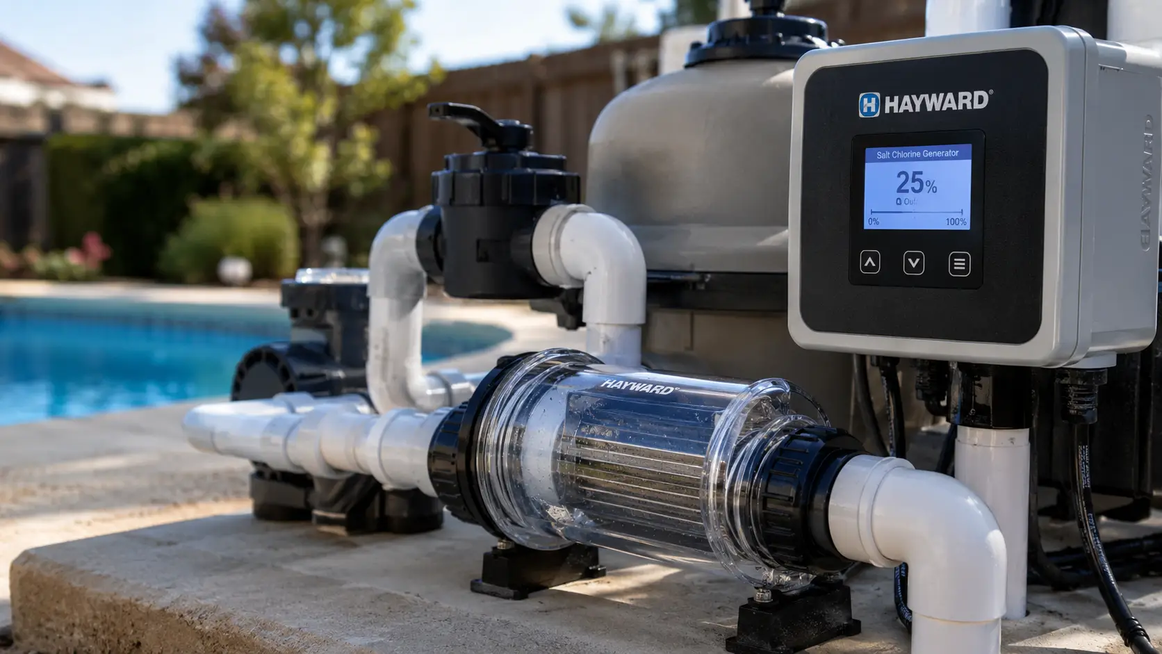 salt water pool vs chlorine- salt cell on an equipment pad next to a pool with a tablet floater Salt water pool vs chlorine: a salt cell and control panel on a pool equipment pad